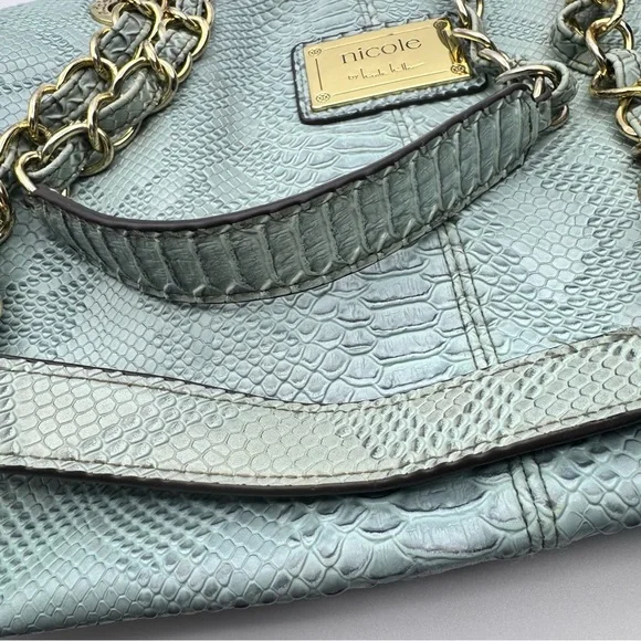 Nicole Miller Faux Leather Snakeskin Slouch Bag Chain Strap Teal - Picture 7 of 15